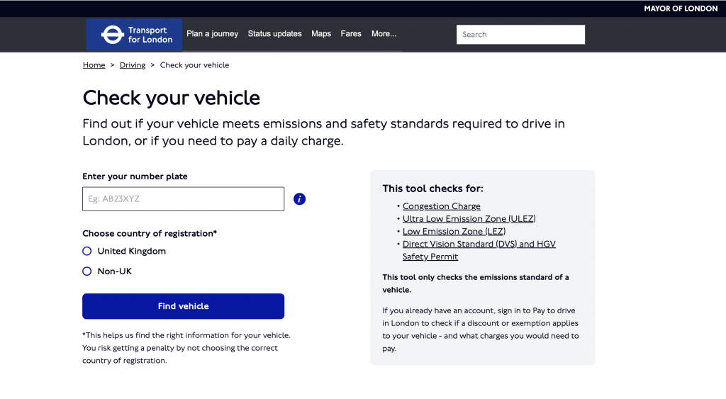 using TFL to check i your car is ulez compliant